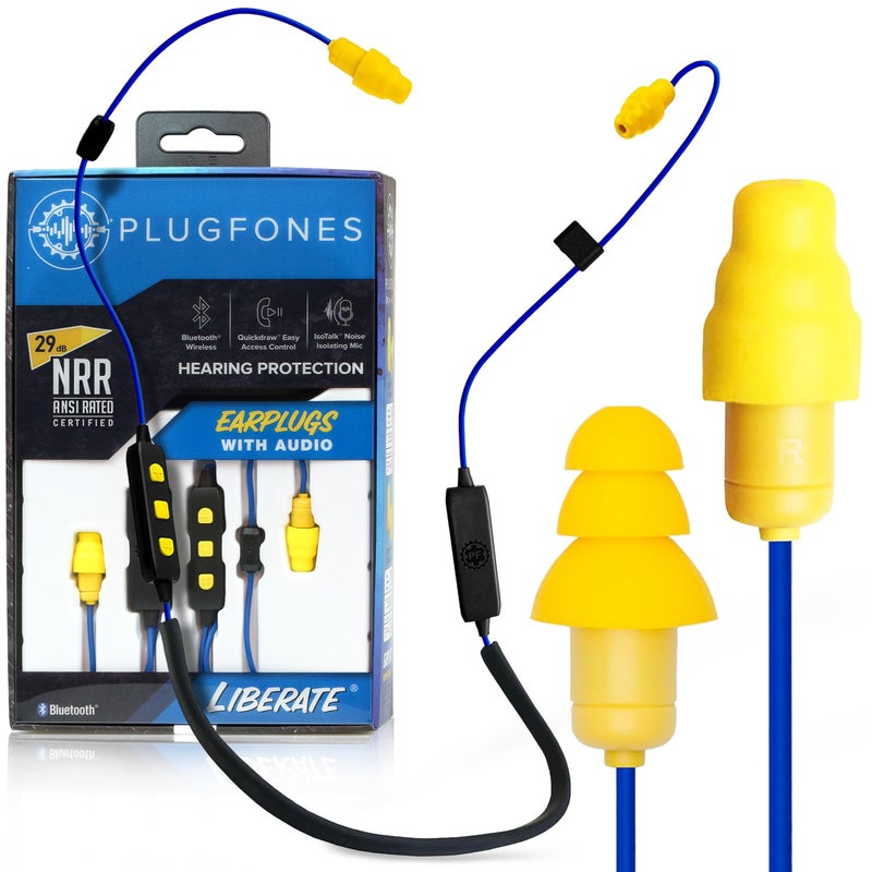 Plugfones Liberate 2.0 Wireless Bluetooth in-Ear Earplug Earbuds- 29NRR Noise Reduction Headphones with Noise Isolating Mic and Controls (Blue & Yellow) - Image 1